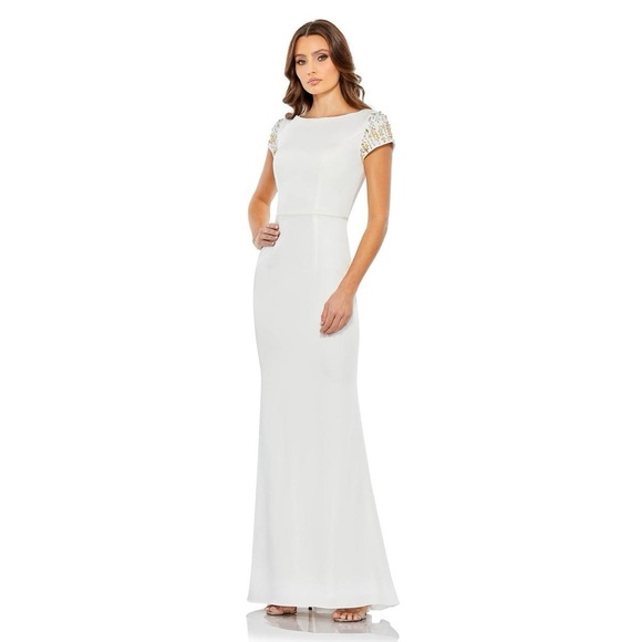 MAC DUGGAL White Bateau Neck Cap Sleeve Maxi Dress 10 - Picture 1 of 10
